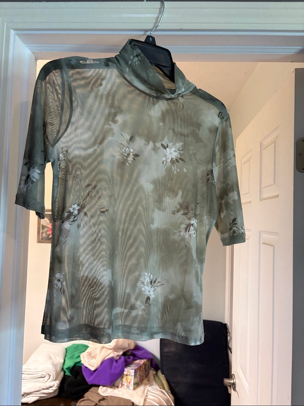 Anthropologie Olive Green Sheer Floral Mock Neck Top